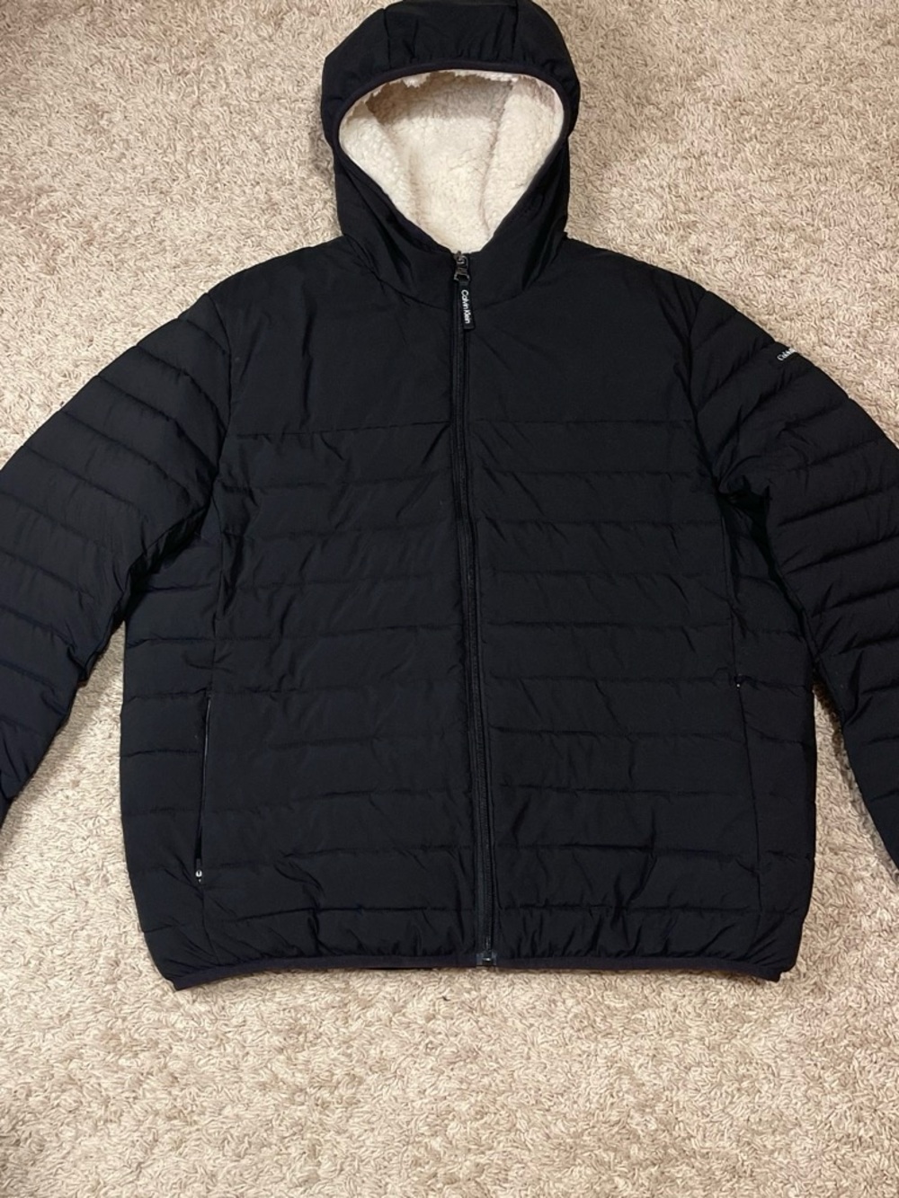 Calvin Klein Black Hooded Puffer Jacket with Sherpa Lining